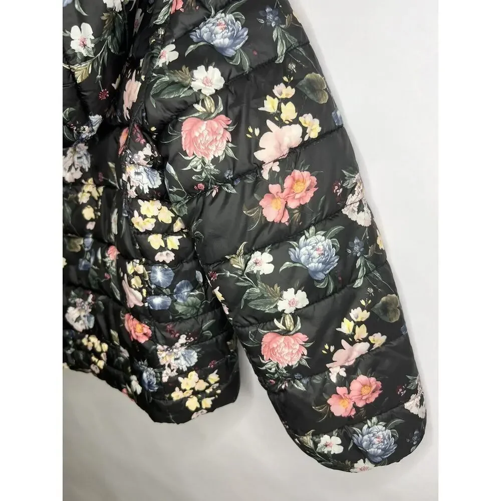 Primark, Floral Puffer Jacket, Black Multicolor, Polyester, Hooded Winter Coat